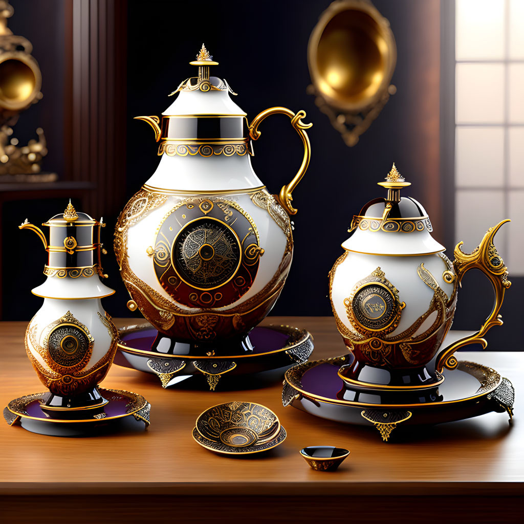 Elegant Tea Set with Gold Patterns on Reflective Table