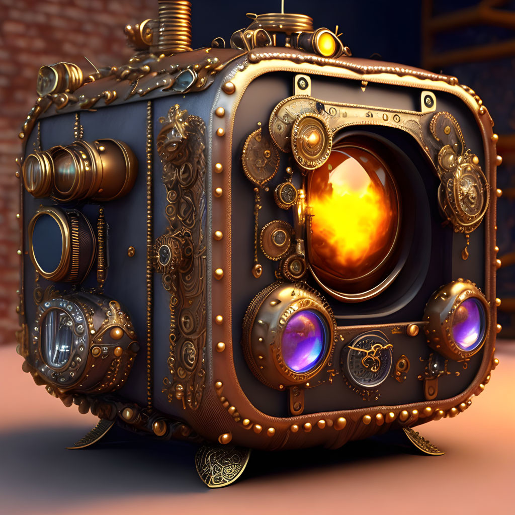 Steampunk-inspired device with glowing eye, lenses, gears, and pipes