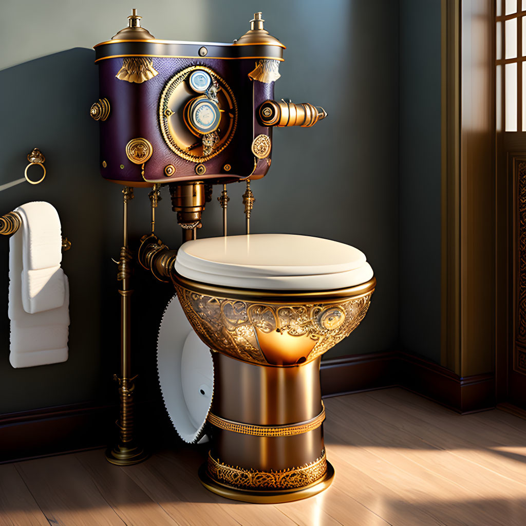 Luxurious Bathroom with Steampunk-Style Toilet and Bronze Details