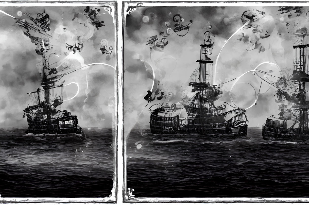 Monochrome artwork featuring ancient ships in rough seas with ghostly figures and chaotic ambiance.