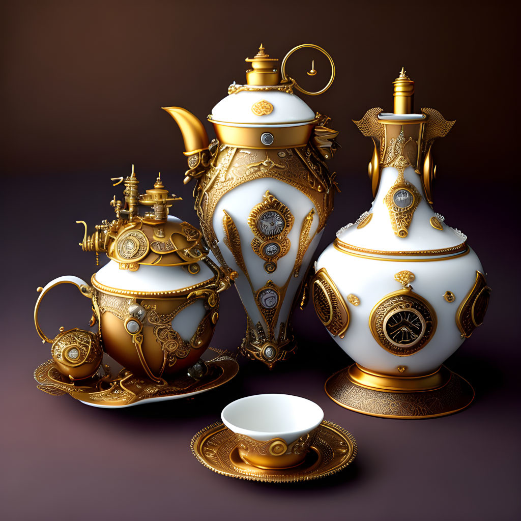 Intricate Steampunk Tea Set with Golden Gears on Dark Background