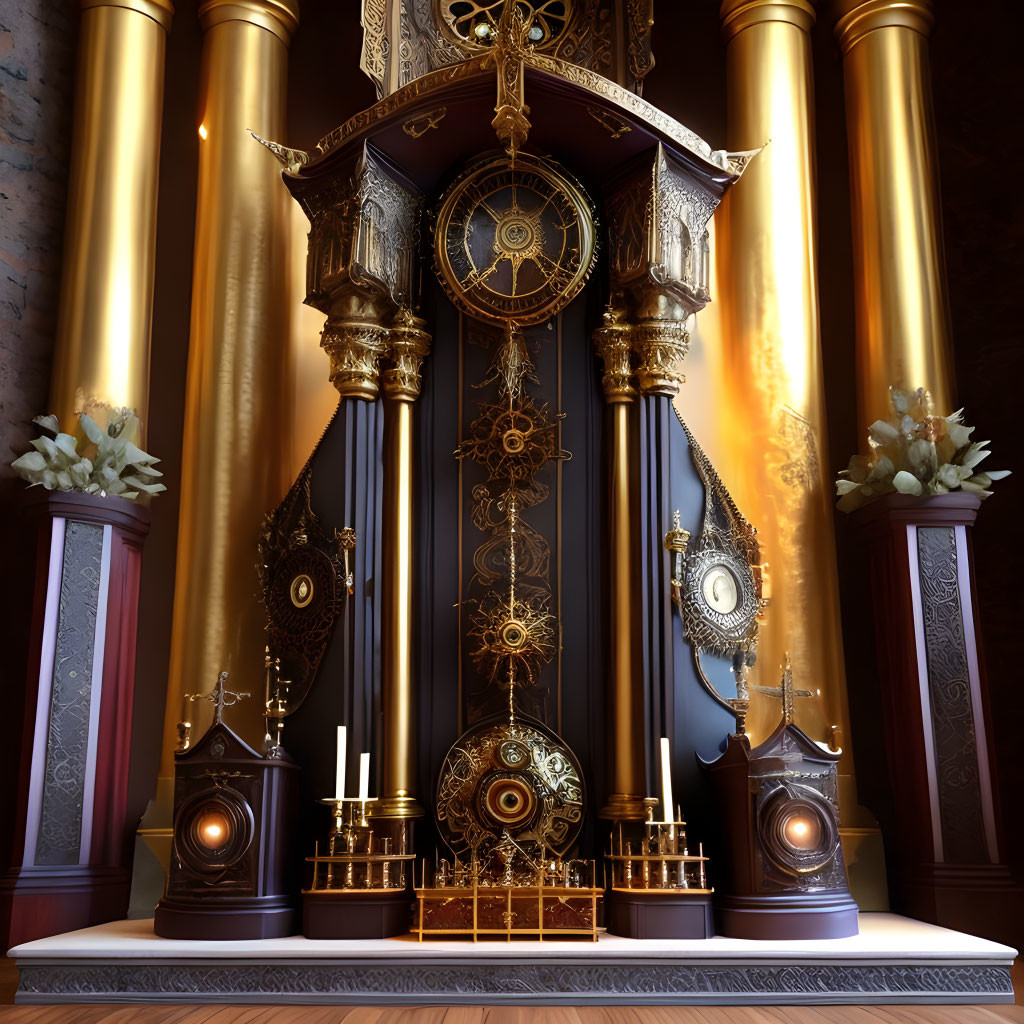 Golden gear clock tower between columns with candlesticks and crystals