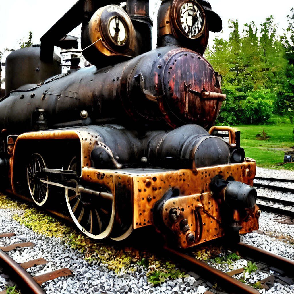 Rusted steam locomotive on railway tracks in greenery