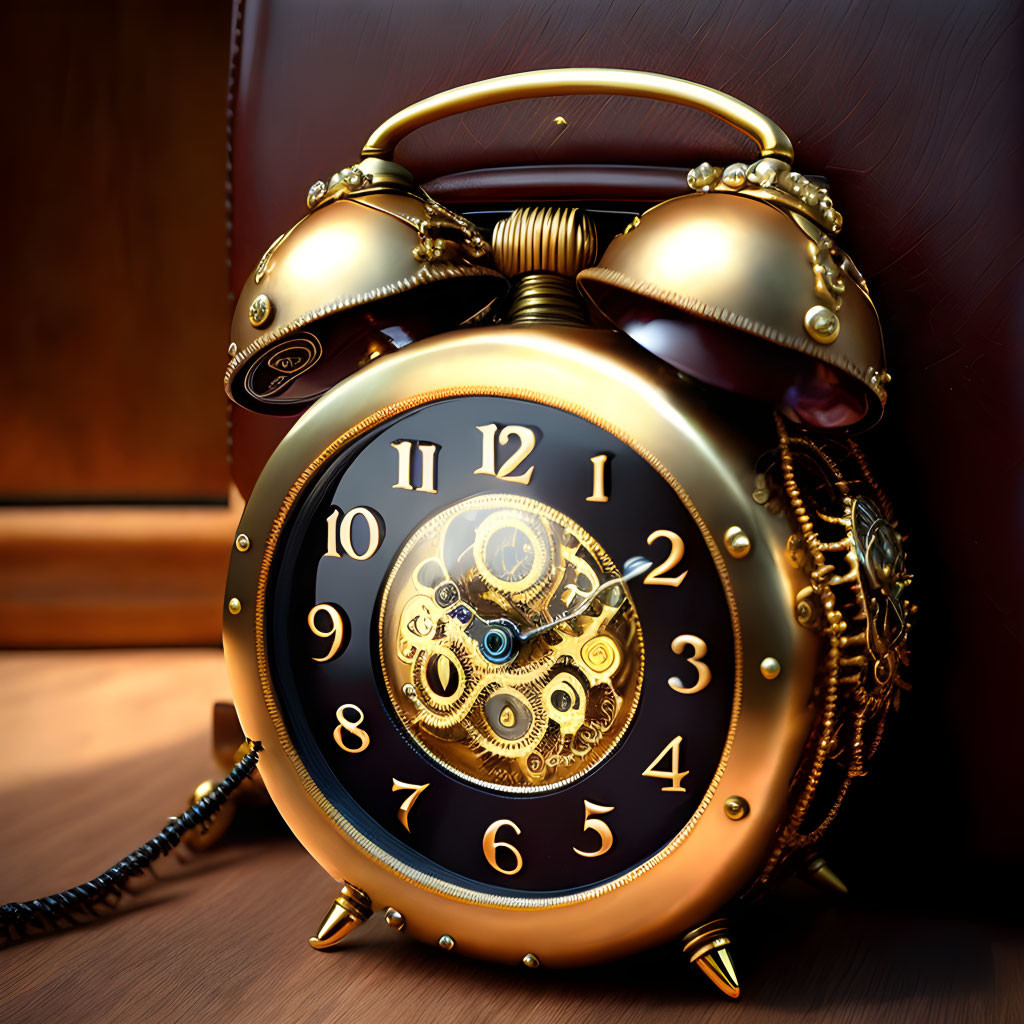 Vintage Golden Alarm Clock with Visible Gears on Wooden Background