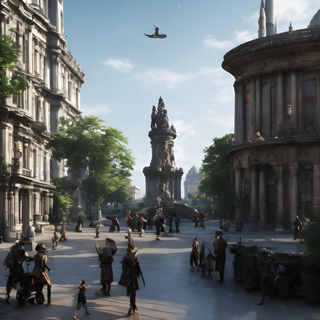 Vintage cityscape with period attire, European architecture, and flying vehicle.