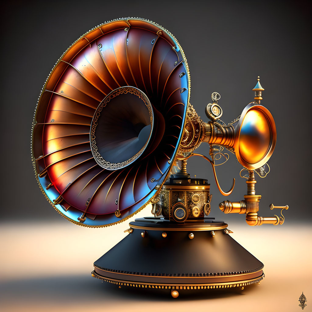 Detailed 3D rendering of steampunk gramophone with ornate metallic designs