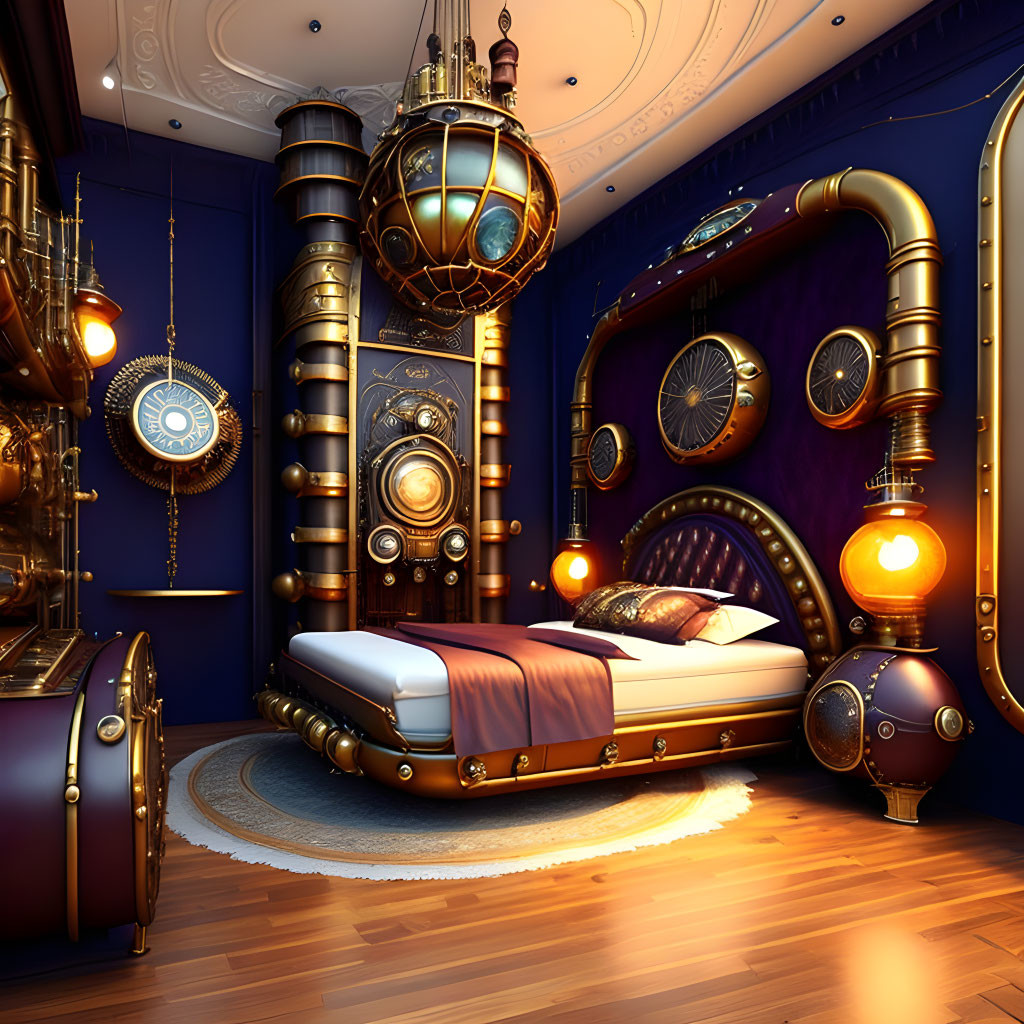 Steampunk-themed Bedroom with Brass Pipes and Gear Motifs