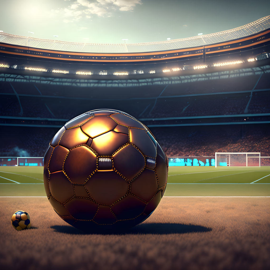 Soccer ball close-up on stadium pitch with lights and stands in background