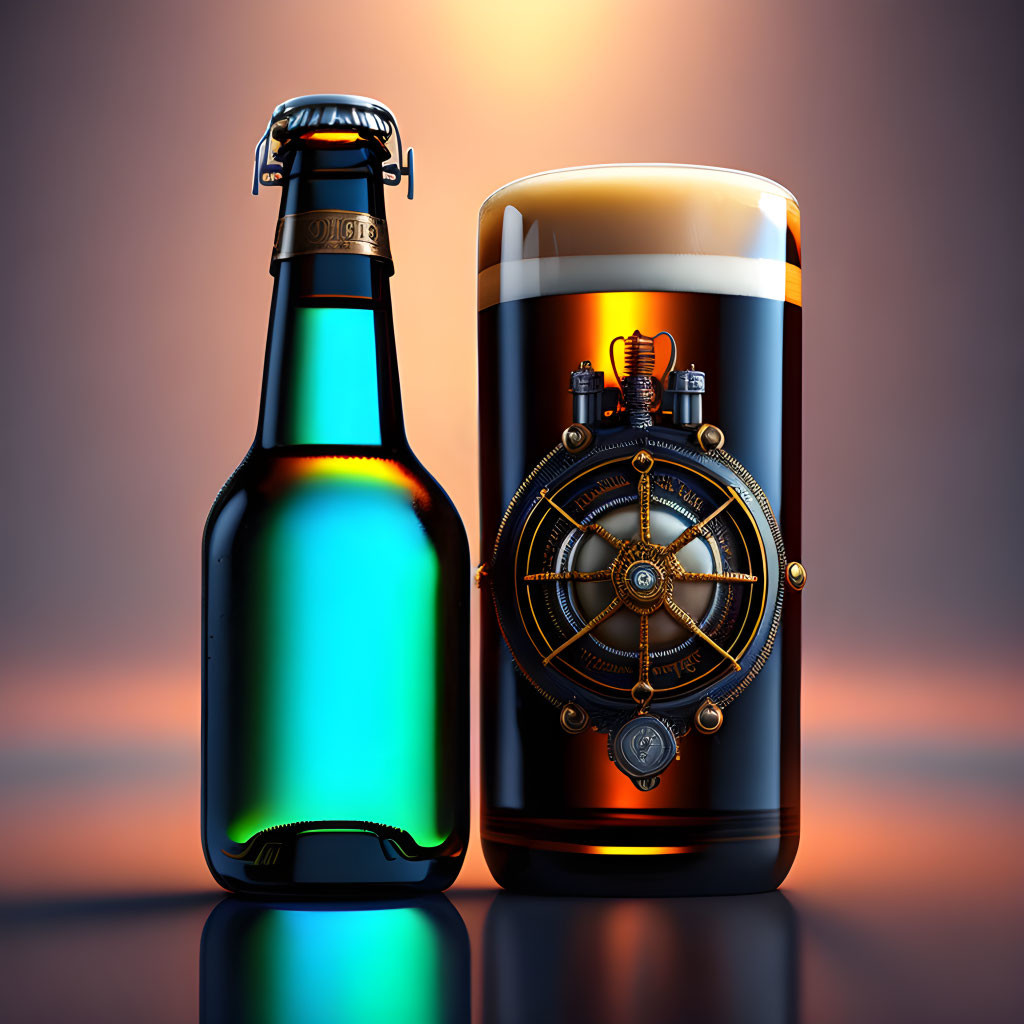 Dark beer glass with foam next to ship wheel beer bottle on orange gradient.