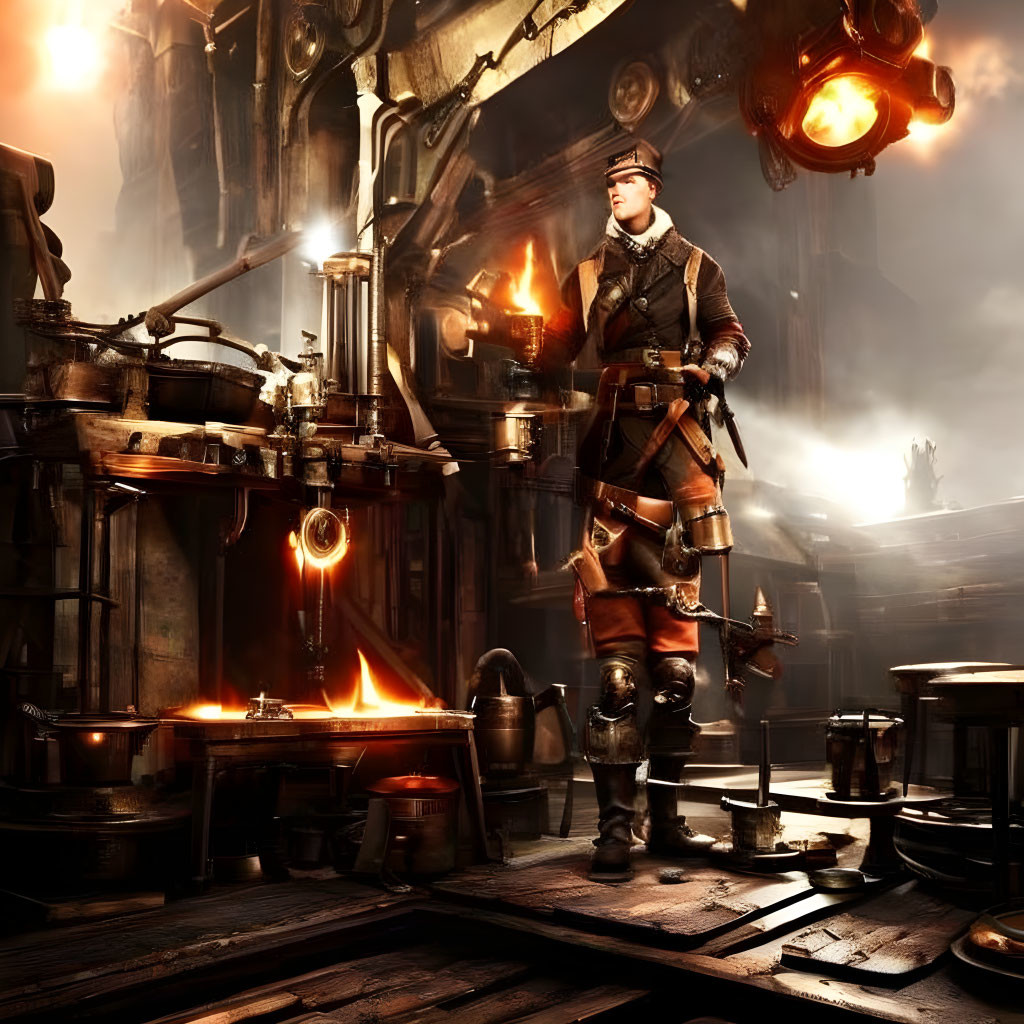 Steampunk attired person in industrial setting with glowing furnaces and mechanical apparatus