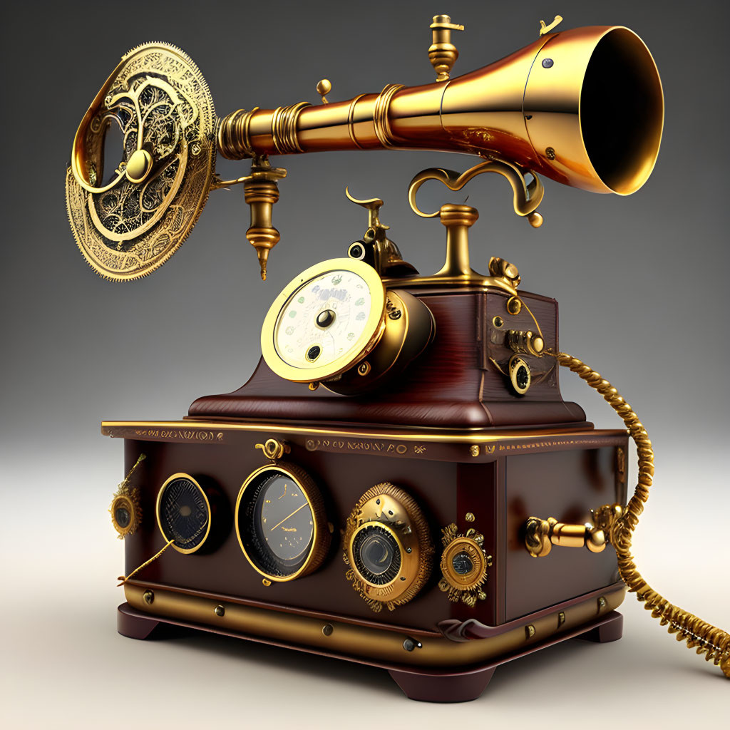 Vintage Steampunk-Style Telephone with Brass Accents and Rotating Dial