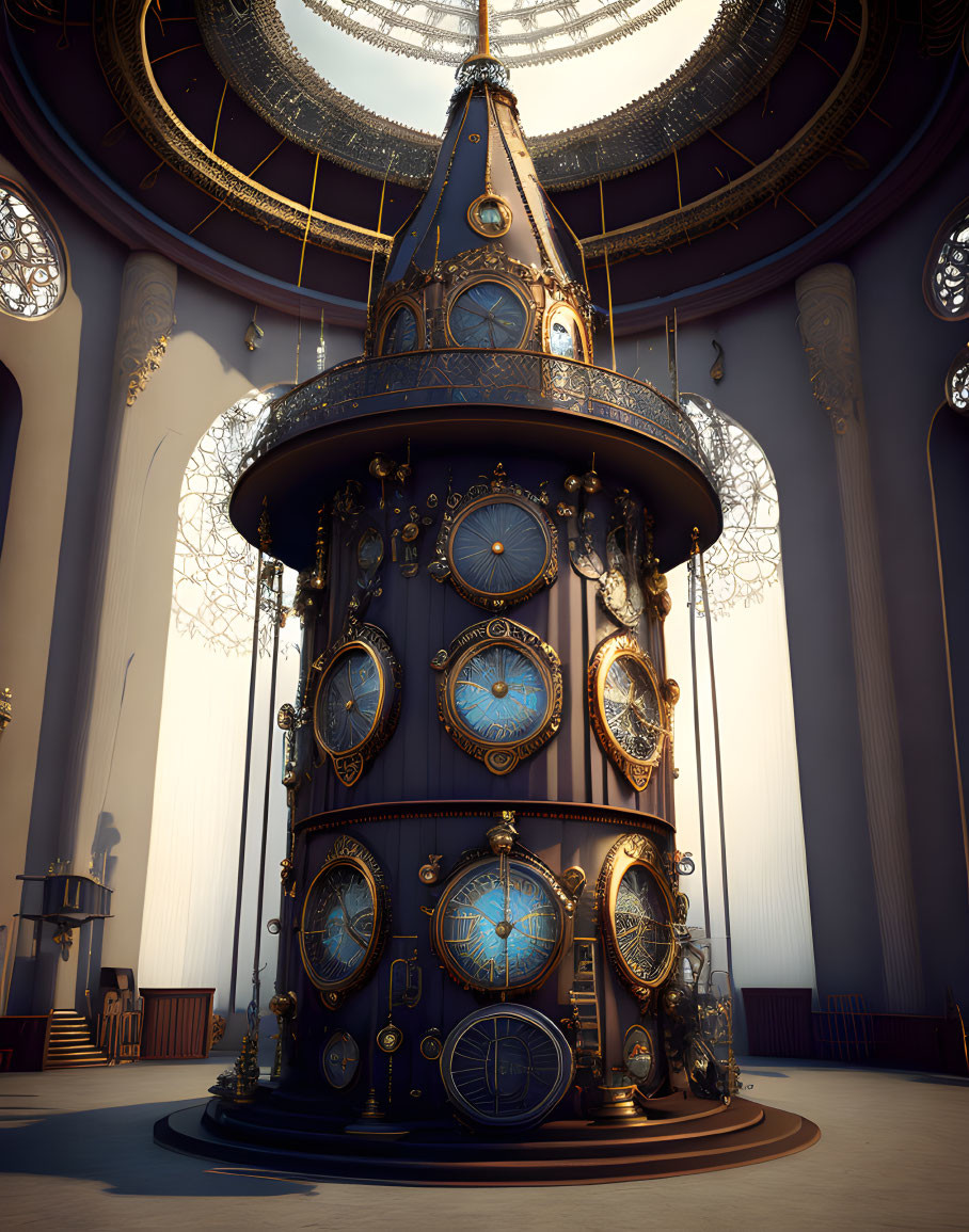 Intricate Steampunk-style Astronomical Clock Tower in Grand Circular Room