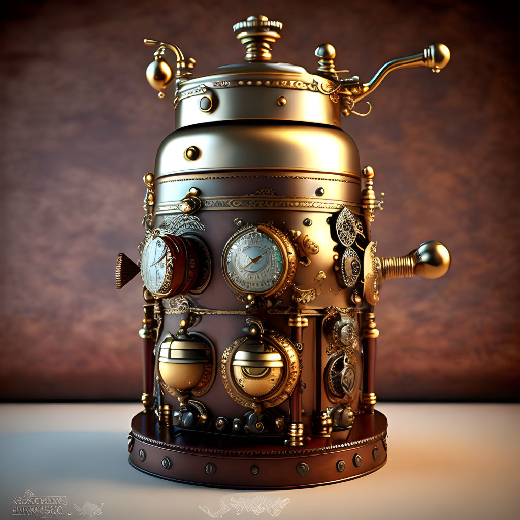 Steampunk-inspired device with brass finishes and intricate gears