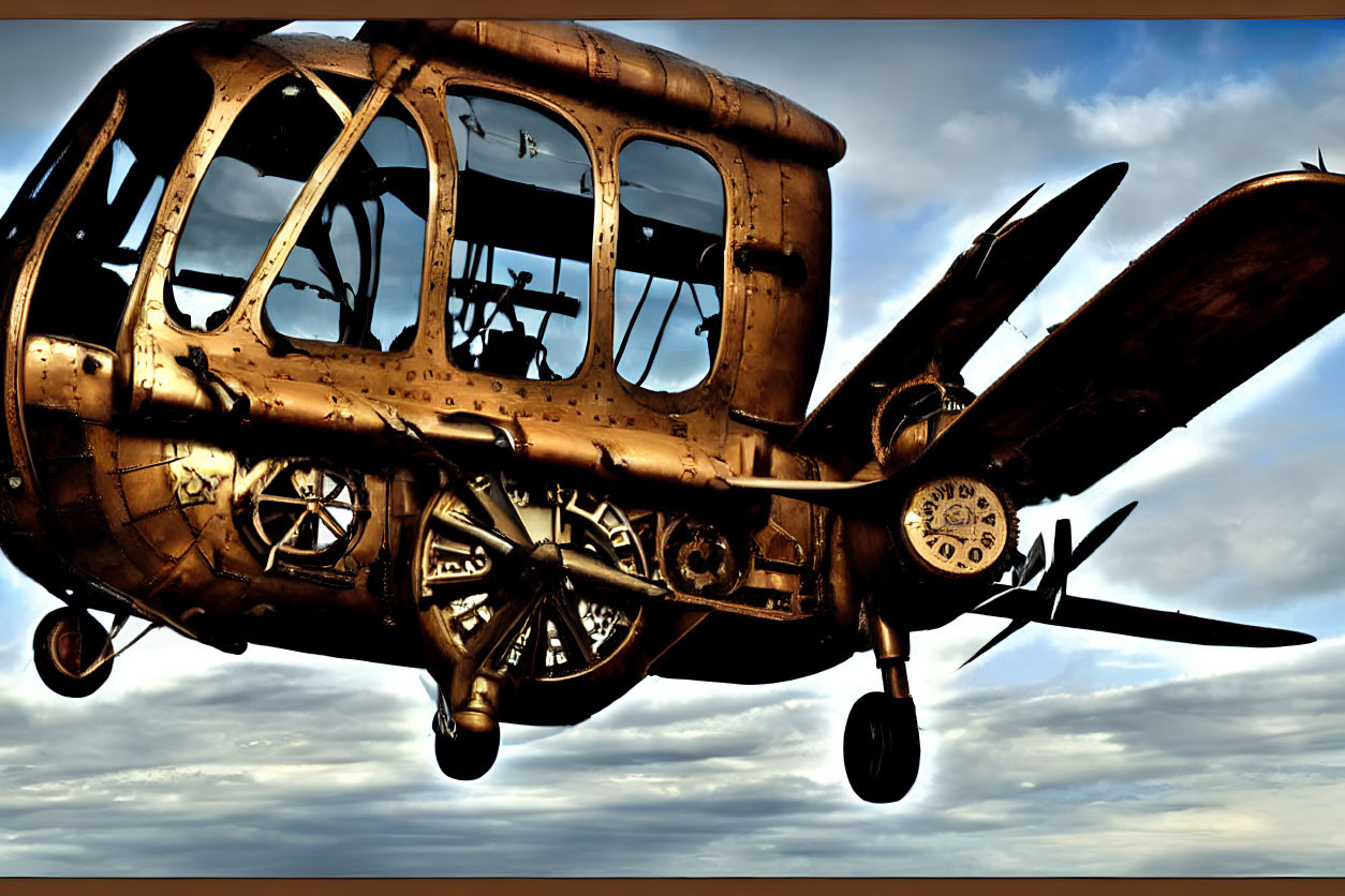 Close-up of weathered bronze aircraft cockpit and propeller under cloudy sky