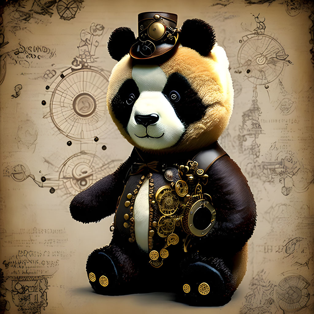 Steampunk Panda with Top Hat and Gears on Vintage Technical Drawings