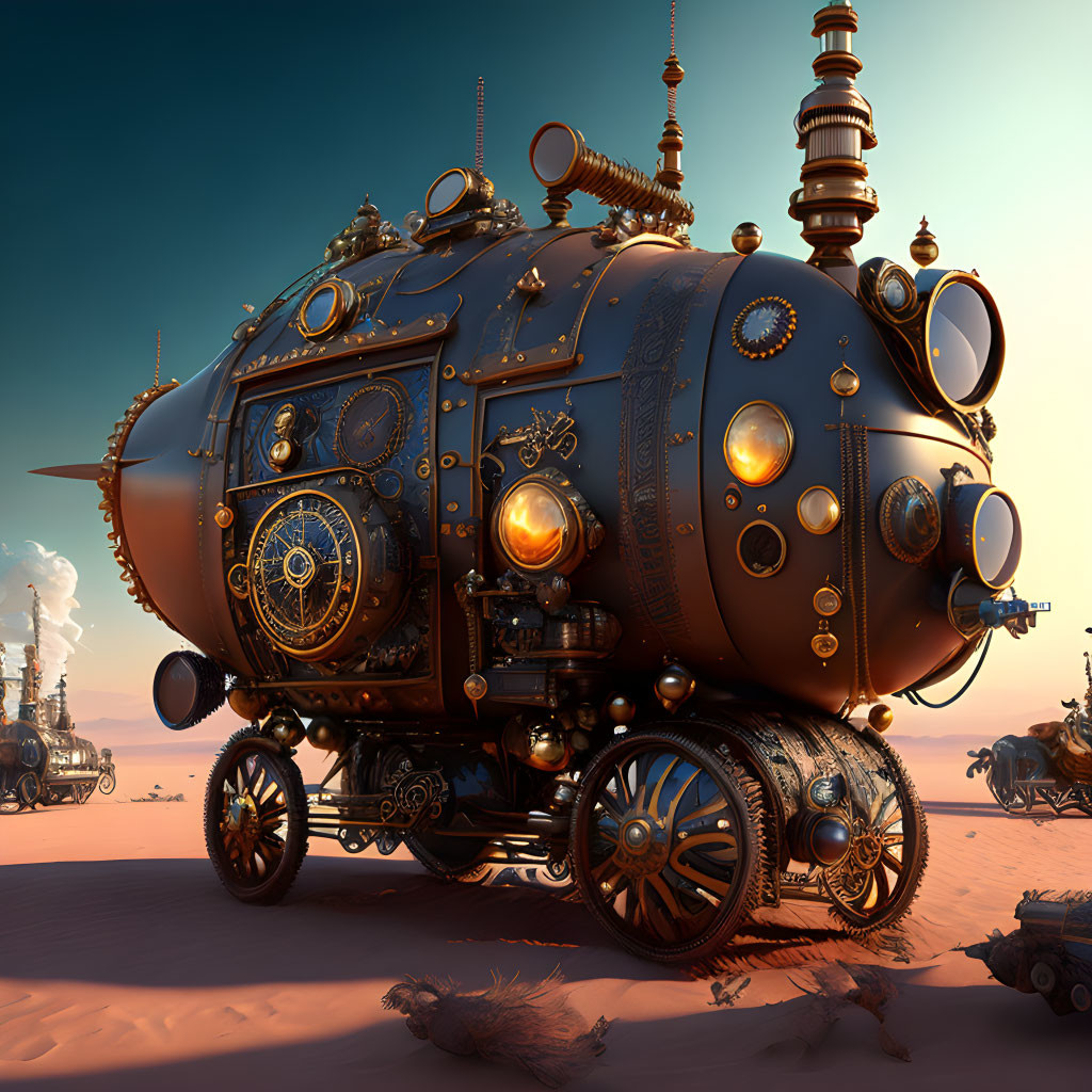 Steampunk-style submarine on wheels in desert landscape