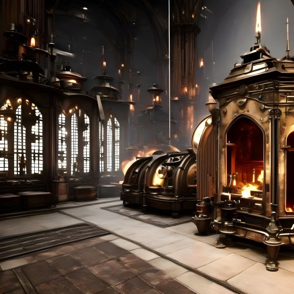 Gothic Interior with Arched Windows, Vaulted Ceilings, and Steampunk-In