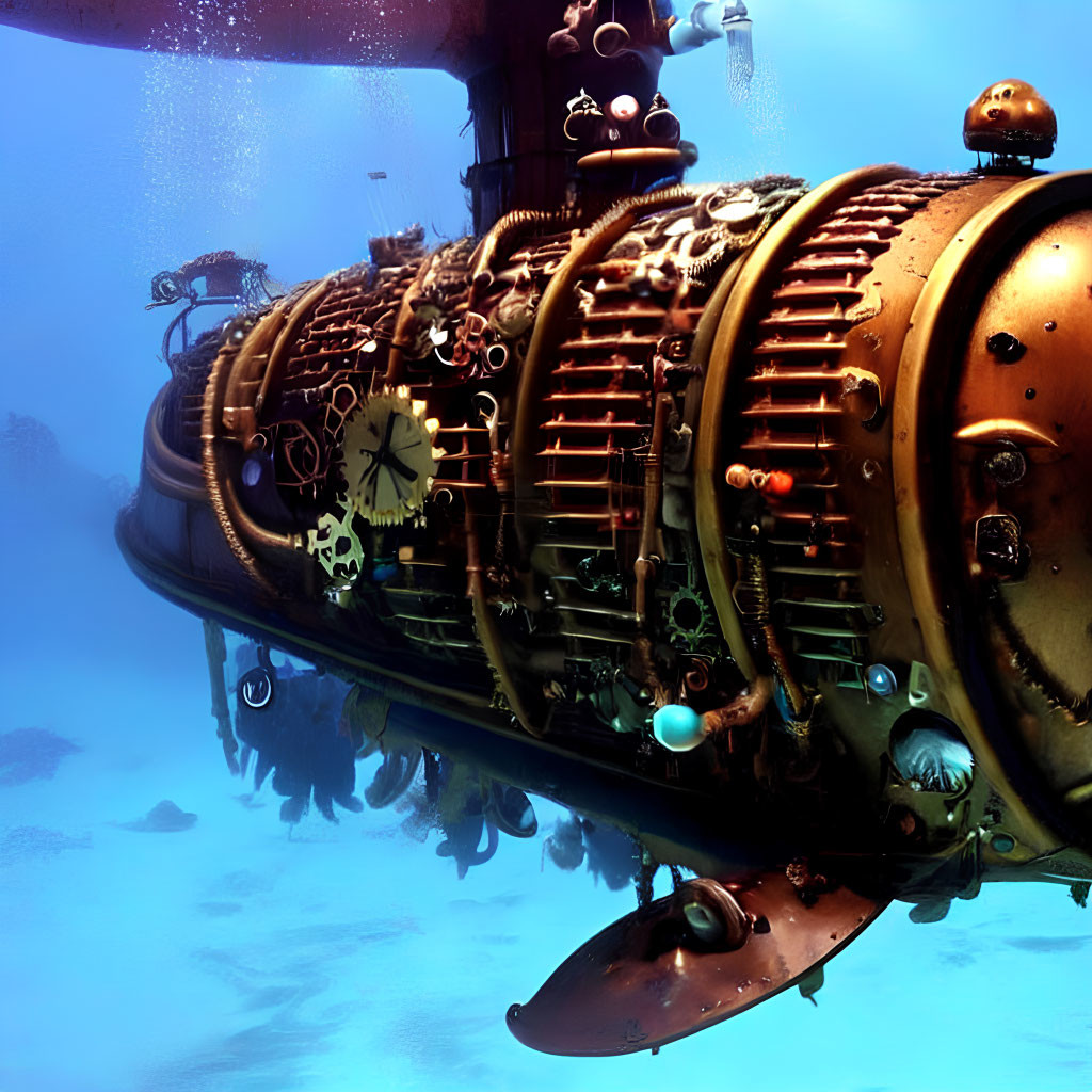 Steampunk-style submarine with gears and clock elements underwater.