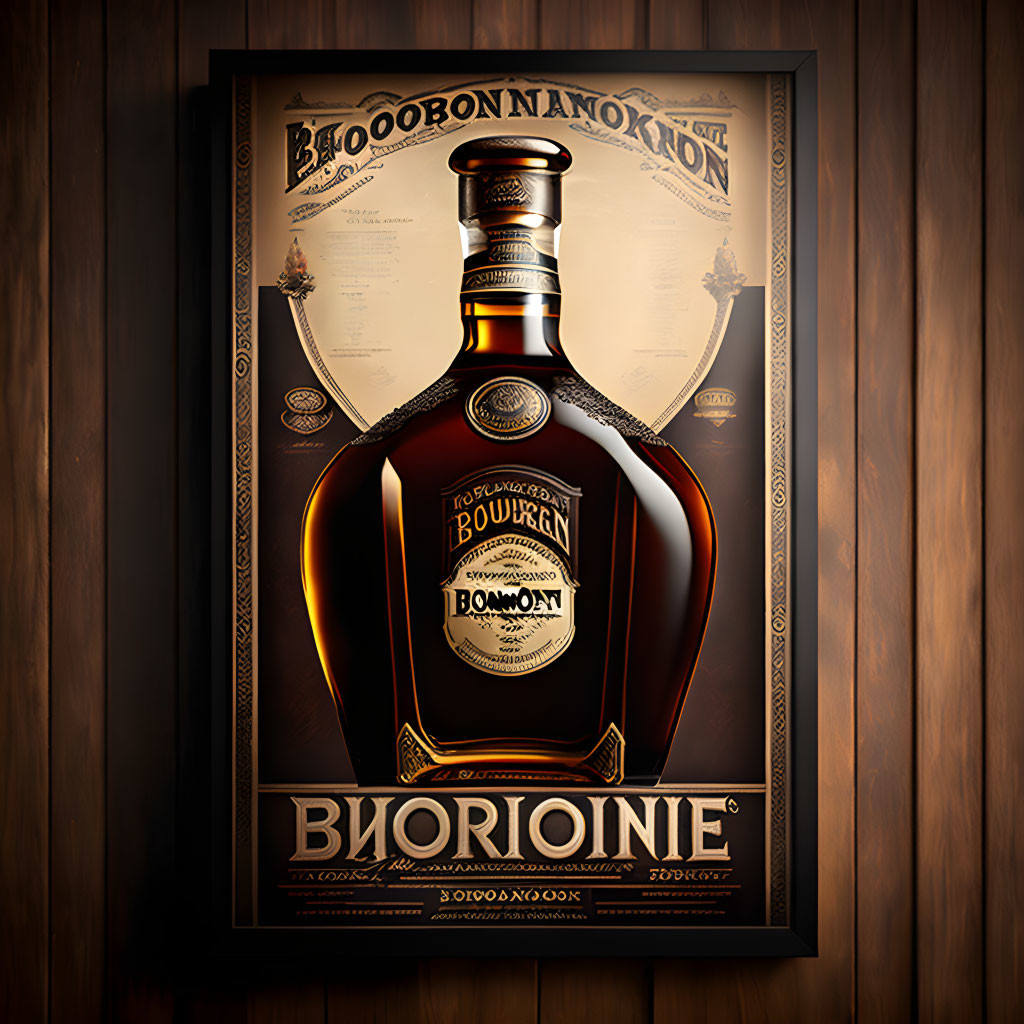 Intricate Cyrillic Script Bourbon Bottle Poster on Wooden Background