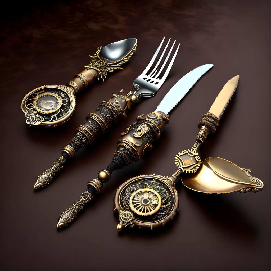 Intricate Golden and Black Designed Cutlery Set on Dark Background