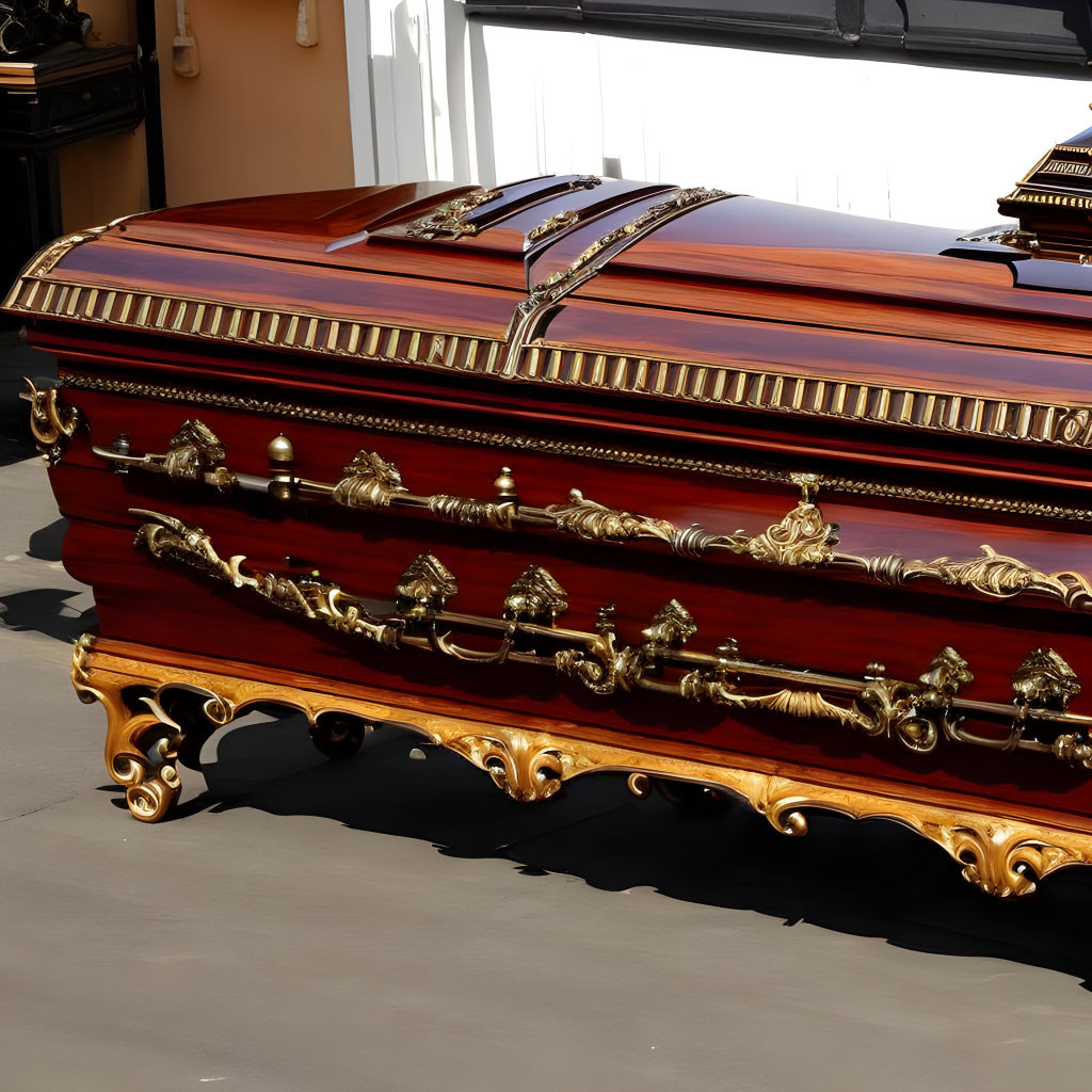 Elaborate Wooden Casket with Brass Handles and Decorations