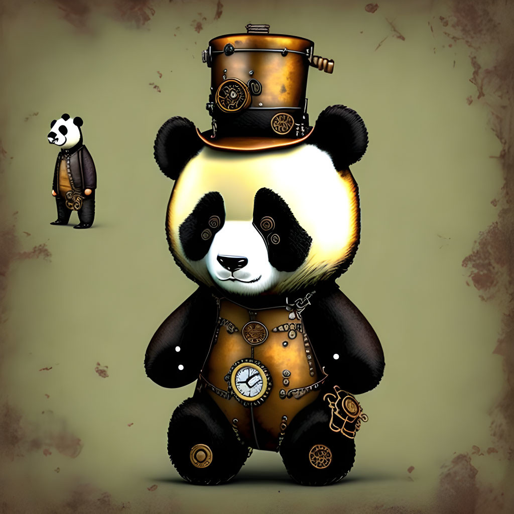 Steampunk-style panda with mechanical elements and gears in brown outfit on textured beige background