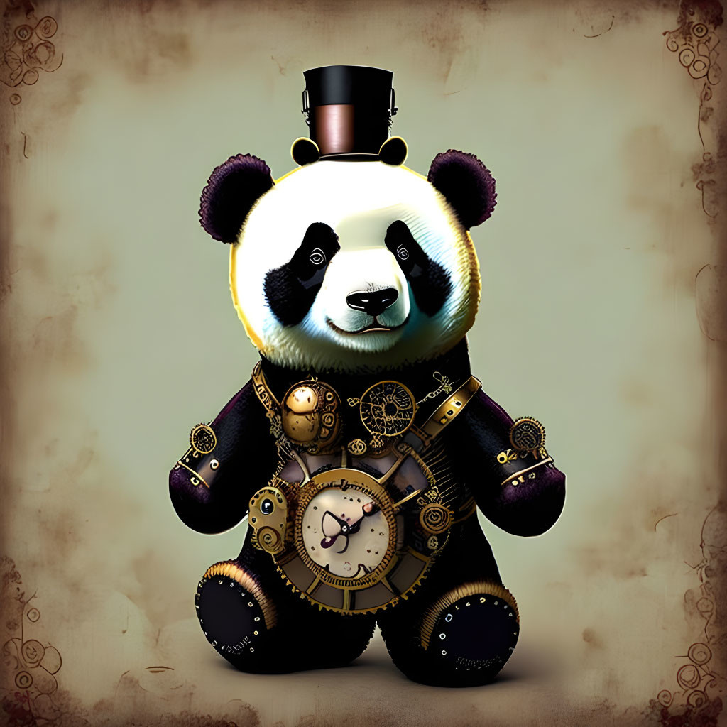 Steampunk-style panda with top hat and mechanical accents on vintage background