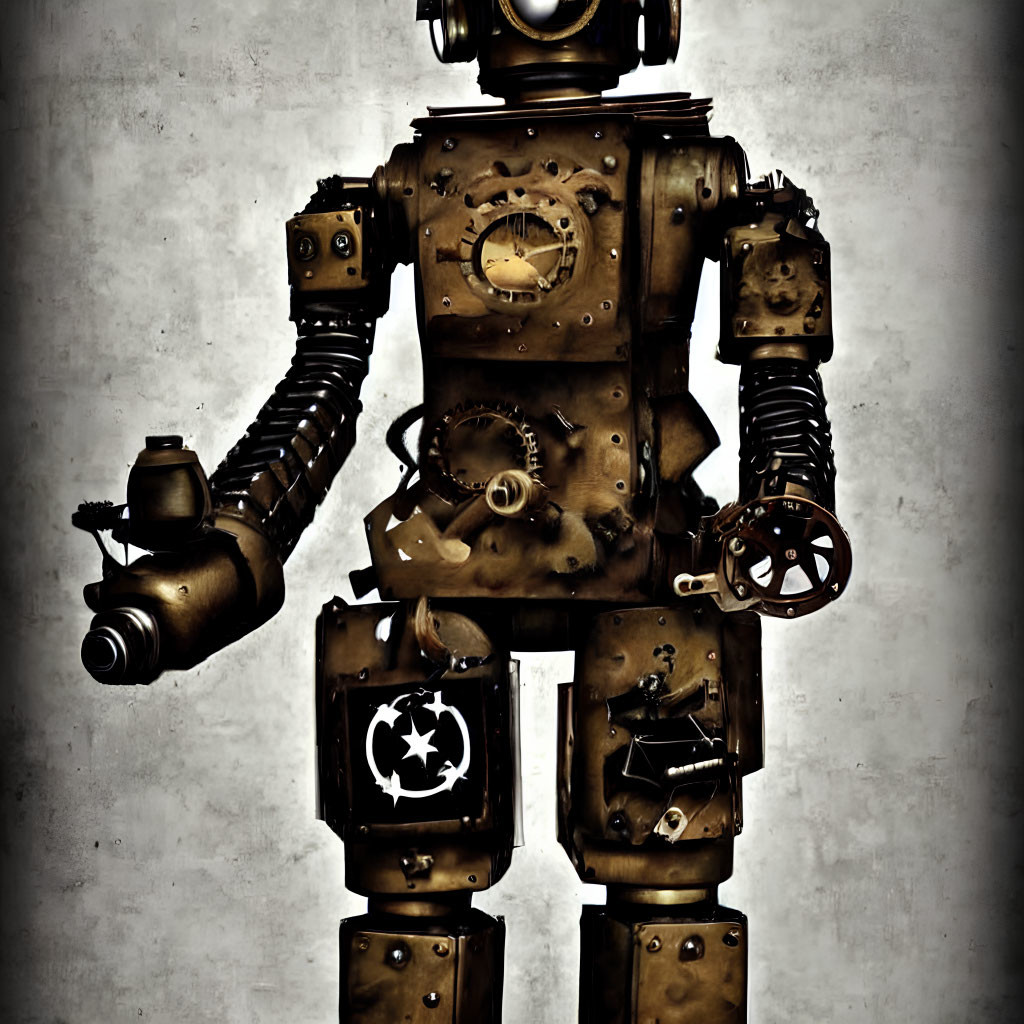 Steampunk-Style Robot with Brass Gears on Textured Background