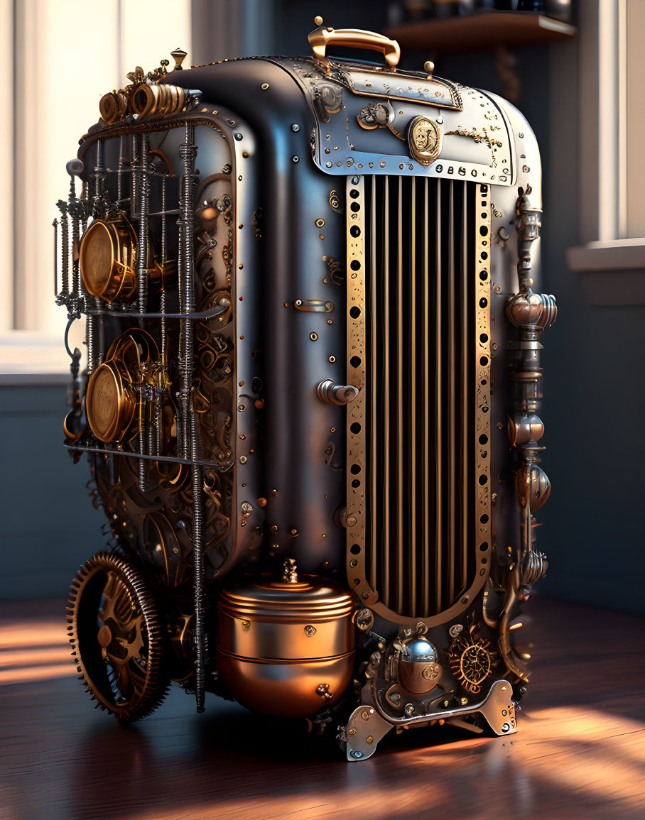 Steampunk-style refrigerator with gears and brass accents