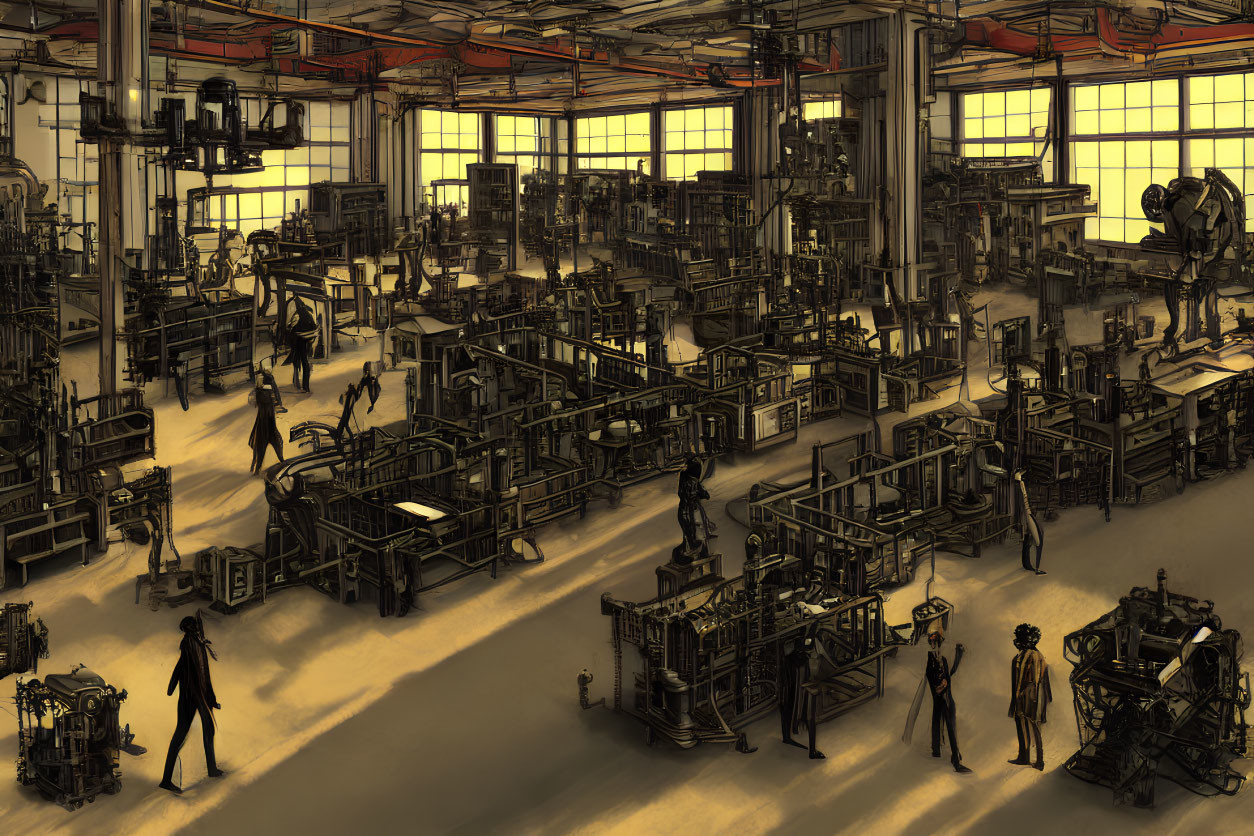 Busy industrial factory floor with workers and machinery under warm glow