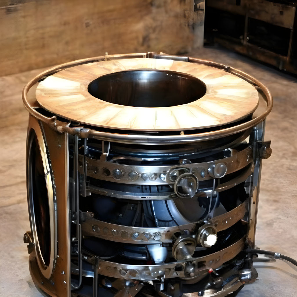 Circular Wooden Object with Metal Bands on Concrete Floor