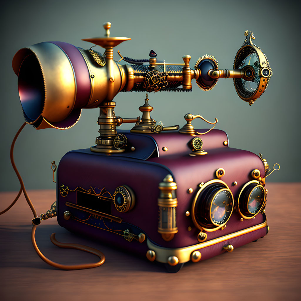 Steampunk-style projector with brass accents and large lens on wooden background