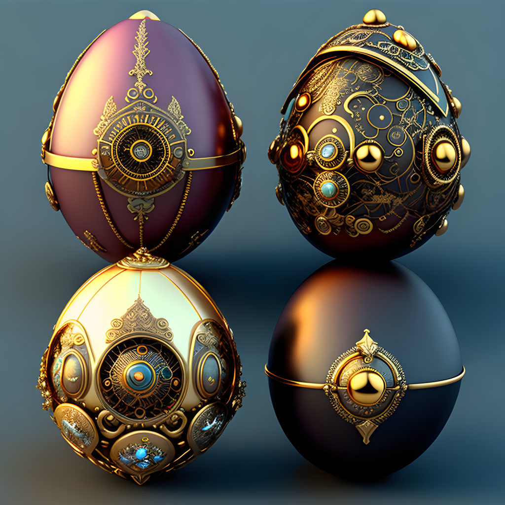 Ornate steampunk-inspired eggs with metallic designs and jewel embellishments