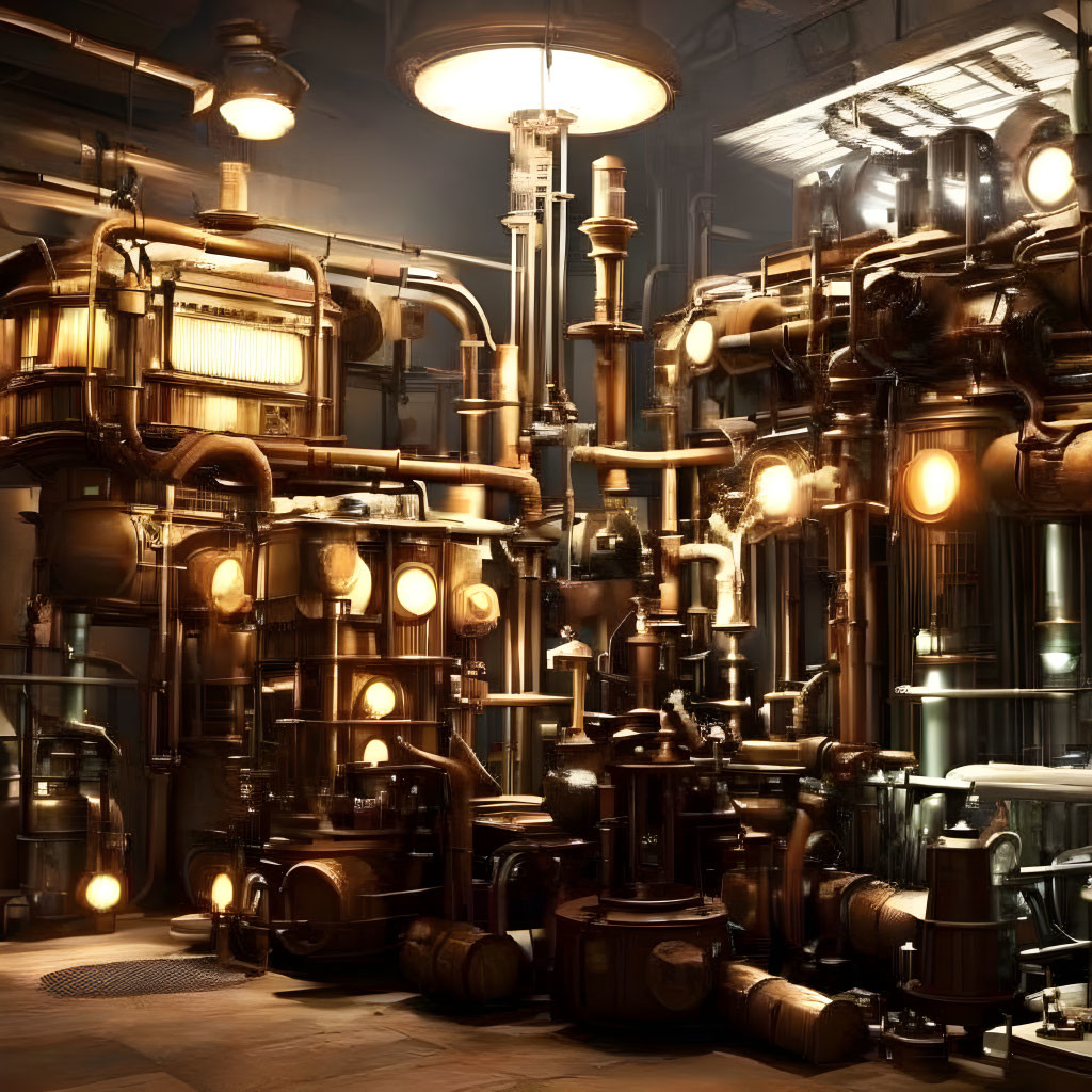 Dimly Lit Industrial Interior with Brass Pipes and Machinery