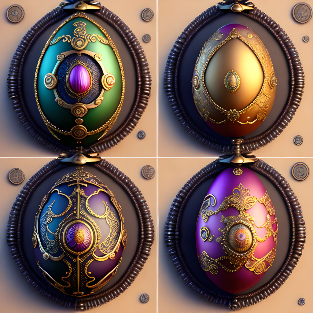 Four intricately designed ornate Easter eggs in decorative metal frames