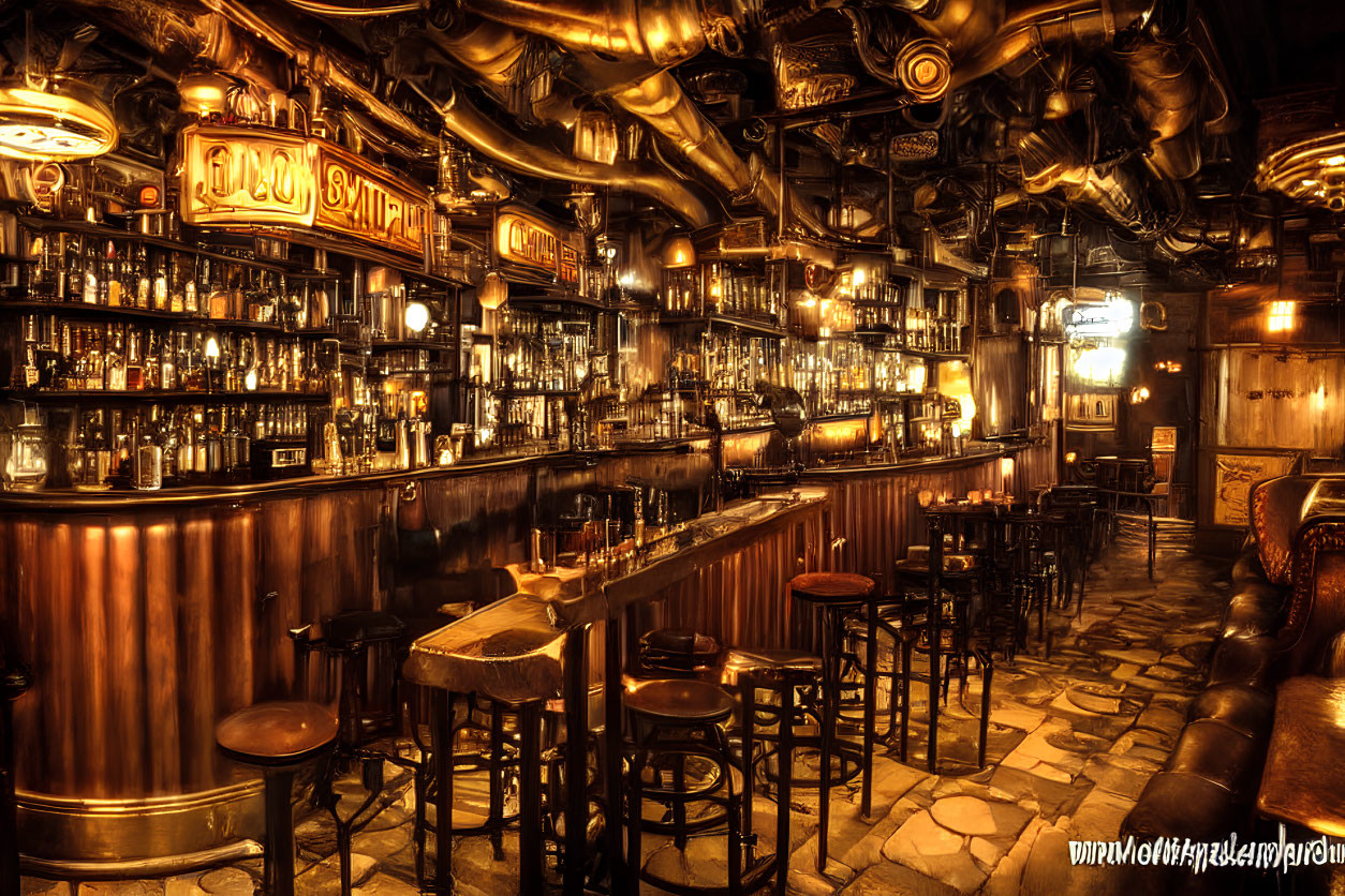 Traditional bar with wooden furnishings and brass structures.