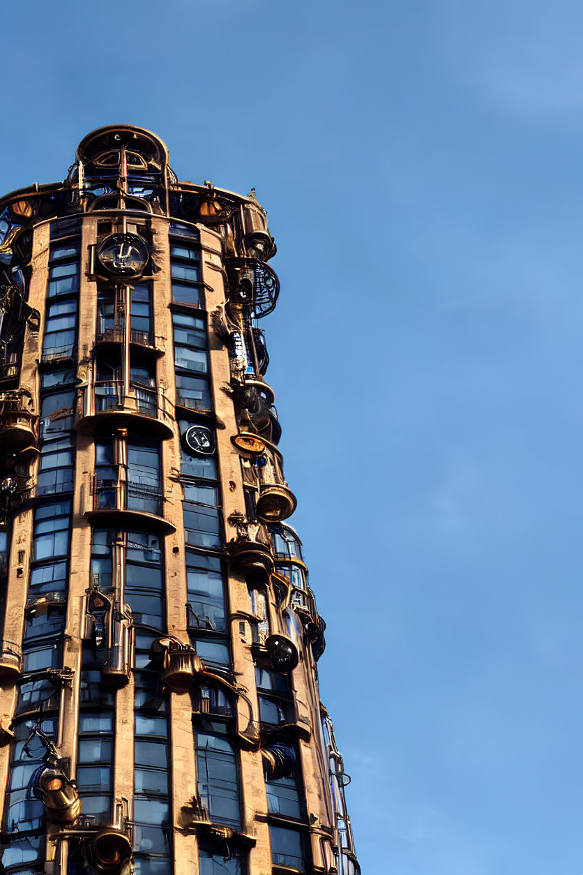 Unique Black Building with Round Protrusions and Clocks on Clear Blue Sky