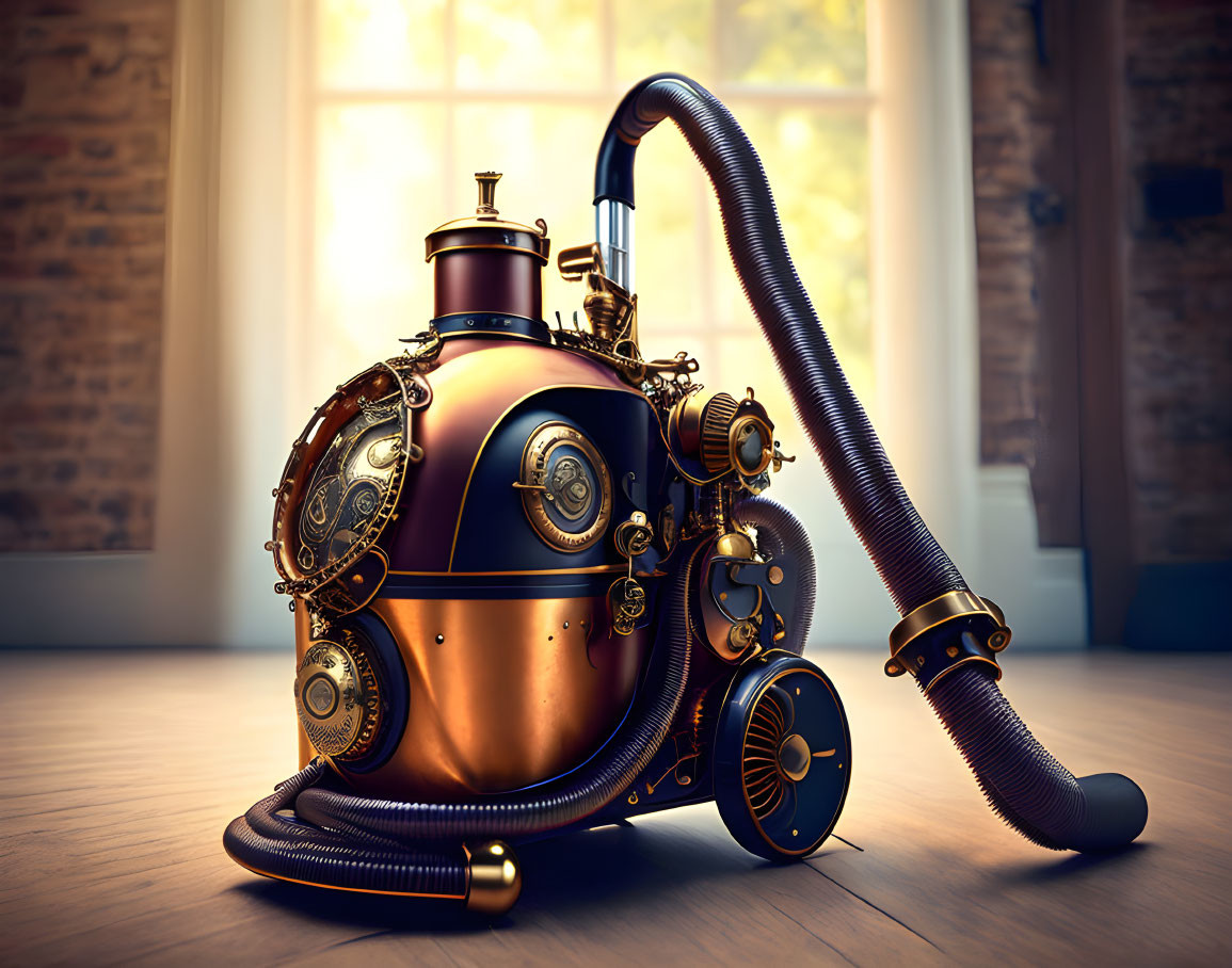 Steampunk-inspired vintage backpack vacuum cleaner with brass elements and gears on wood floor by window