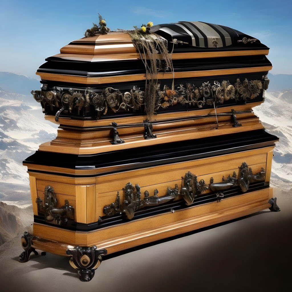 Wooden casket with metal accents and flowers on reflective surface against misty mountain backdrop