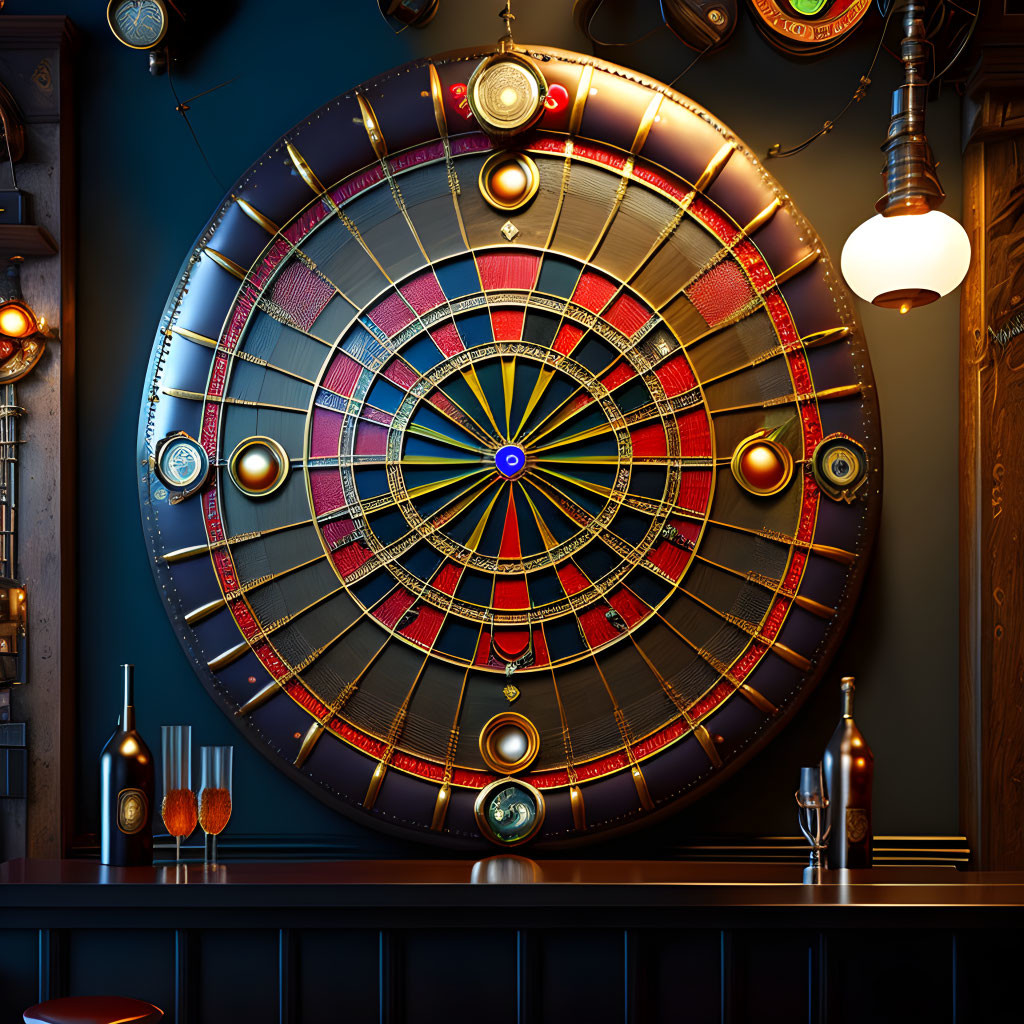 Colorful Circular Dartboard on Dark Wall with Vintage Decor