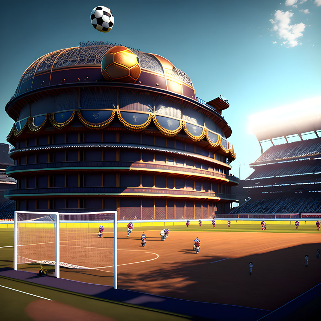 Fantastical soccer match at ornate dome-like structure