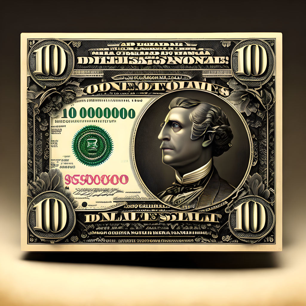 Stylized $10 US Dollar Bill Graphic with Portrait and Patterns