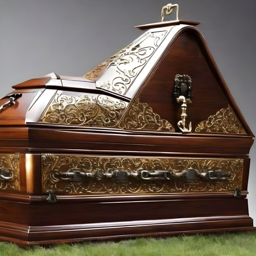 Wooden coffin with intricate metal detailing on gray background