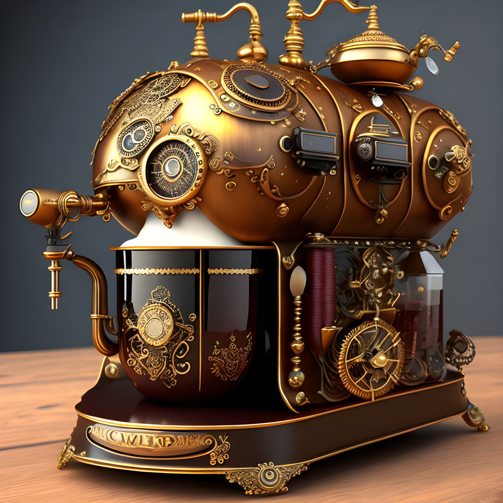 Steampunk-style Coffee Machine with Brass Accents and Gears