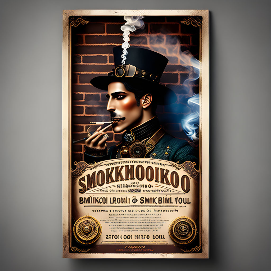 Vintage-style steampunk poster with illustrated man smoking and Cyrillic script