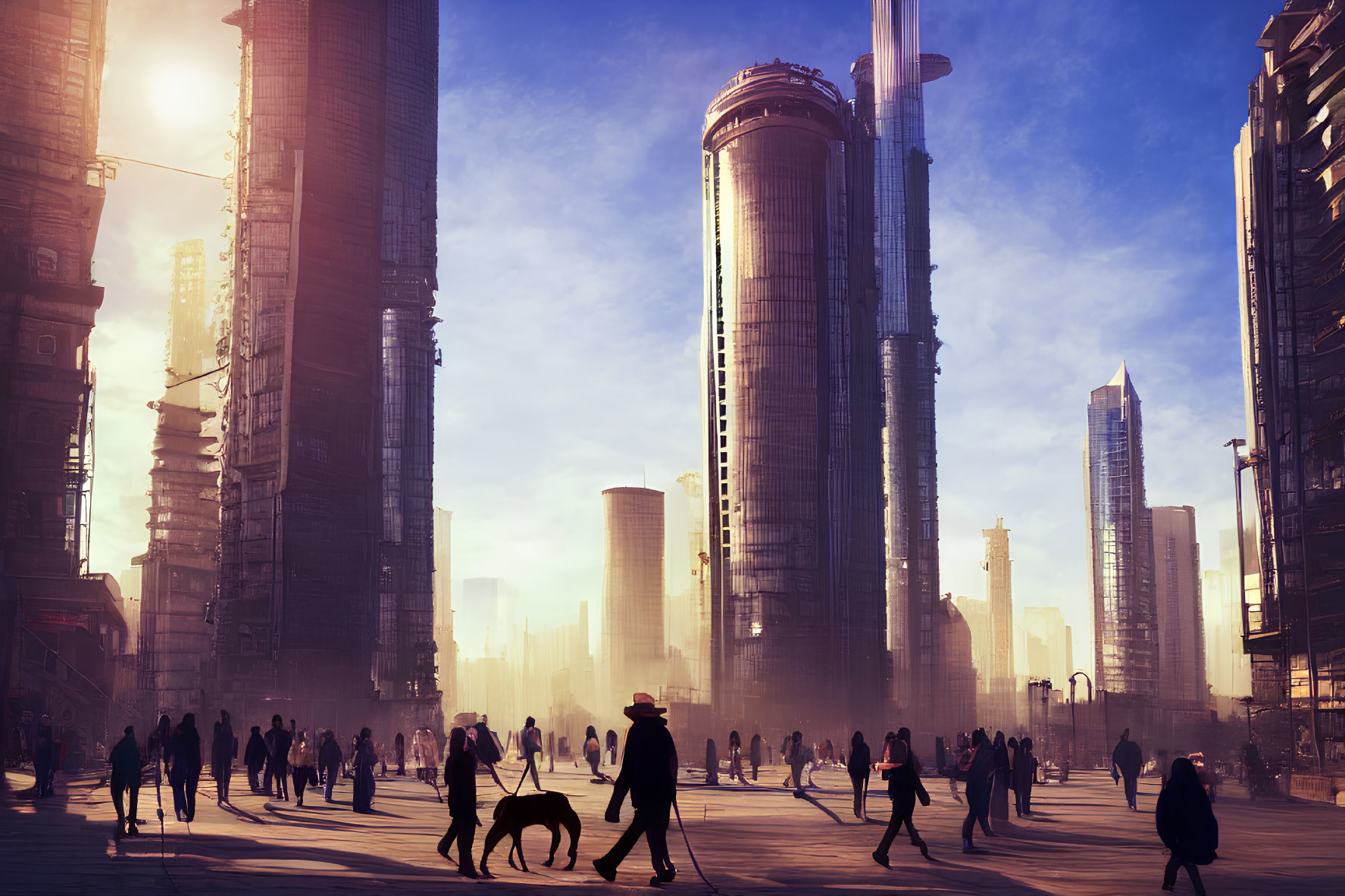 Futuristic cityscape with skyscrapers, pedestrians, and misty atmosphere