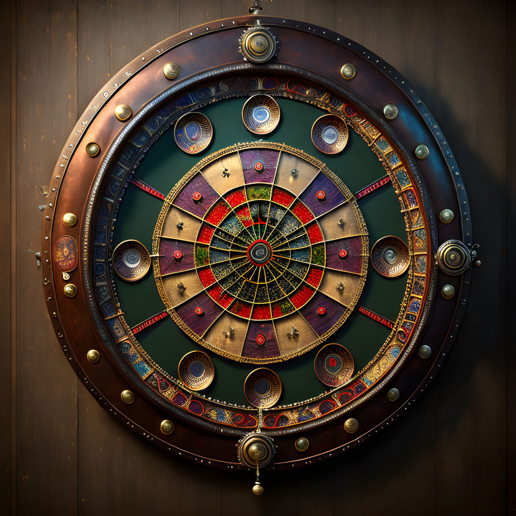 Circular Ornate Dartboard with Intricate Patterns on Wooden Wall