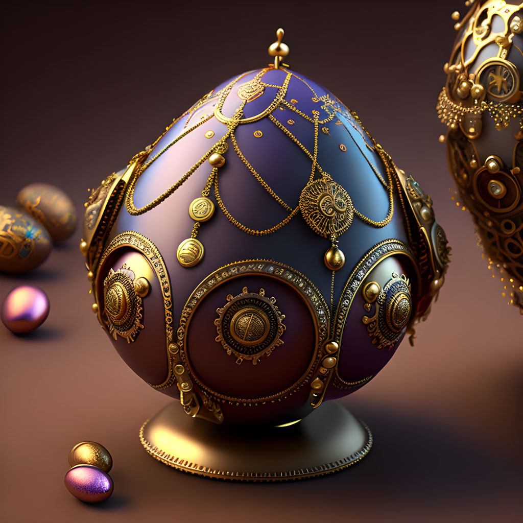 Ornate Steampunk-Style Egg with Gold Detailing on Dark Surface