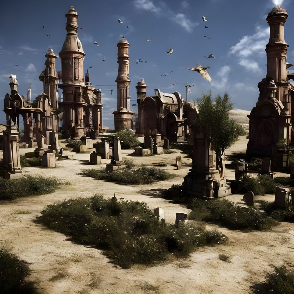 Ornate pillars and arches in desert ruins with flying birds