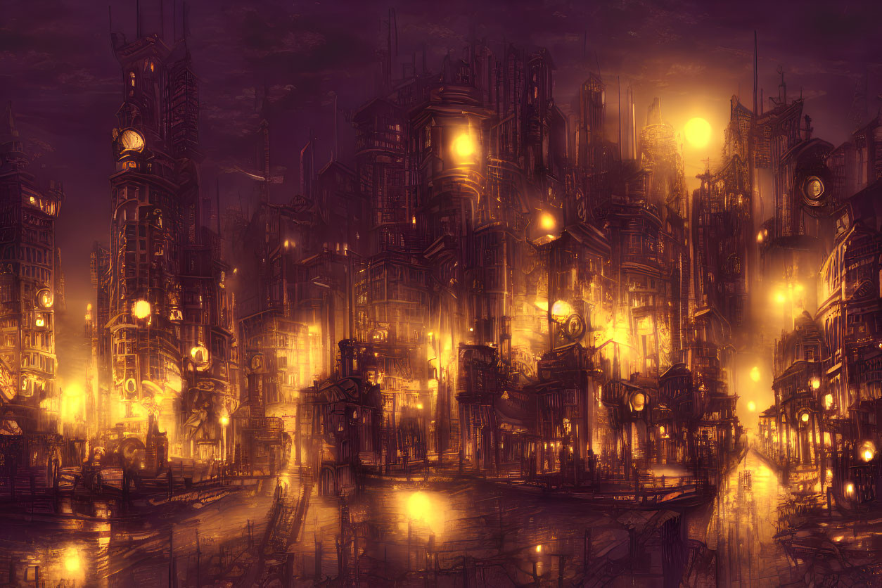 Moody Cyberpunk Cityscape with Golden Lights